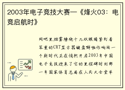 2003年电子竞技大赛—《烽火03：电竞启航时》
